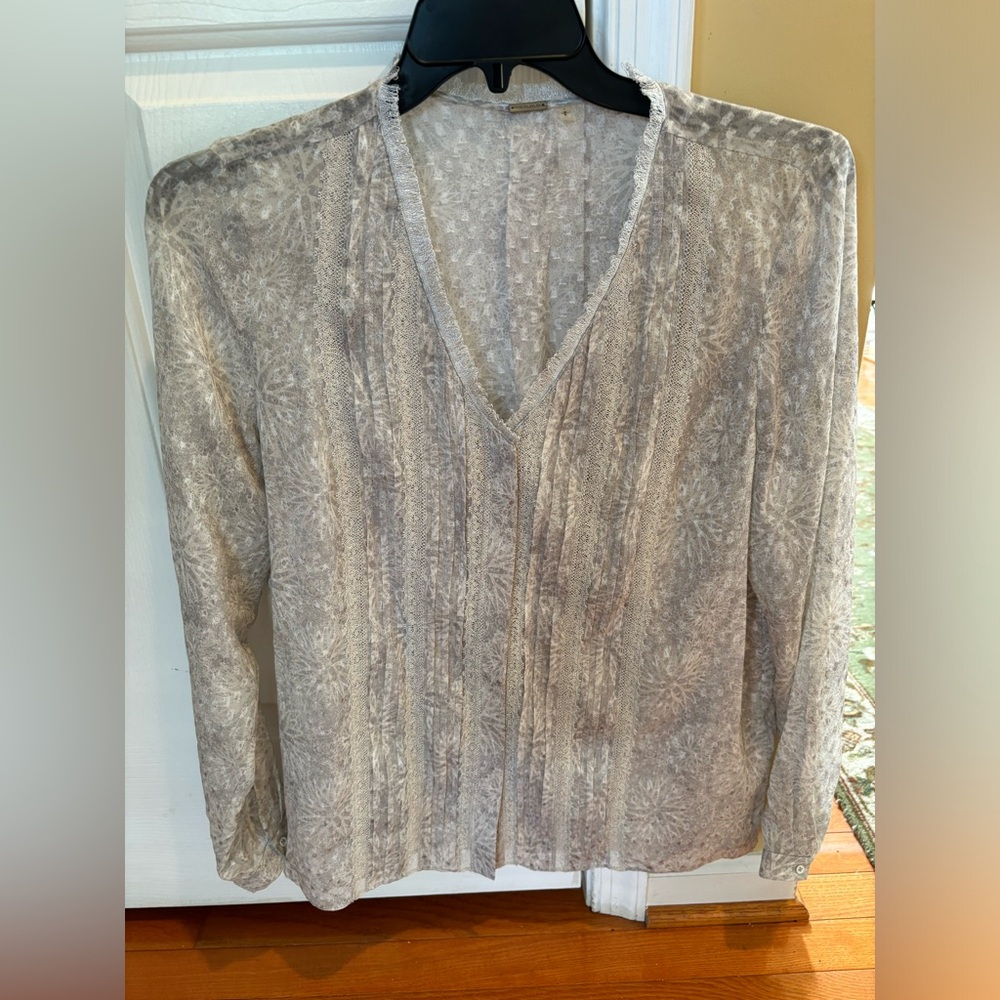 Elle Tahari Gray and Cream Lace Silk Blouse, Size Large